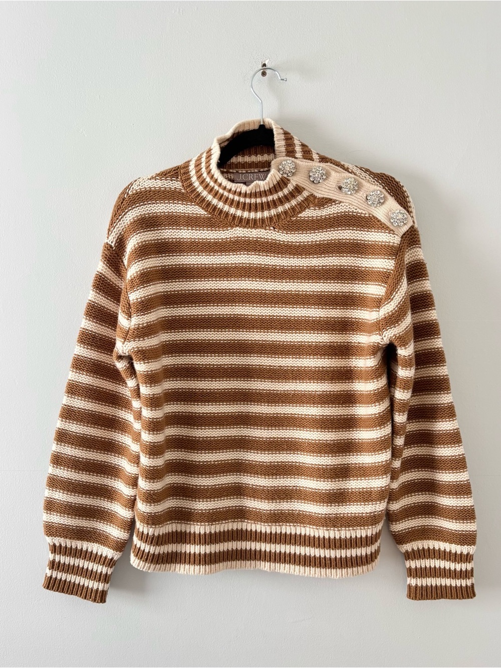 J. Crew Cable Knit Mockneck Pullover Sweater Stripe Jewel Buttons Wool Caramel